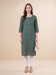 Bottle Green Jaipuri Block Print Straight Kurta