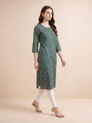 Bottle Green Jaipuri Block Print Straight Kurta