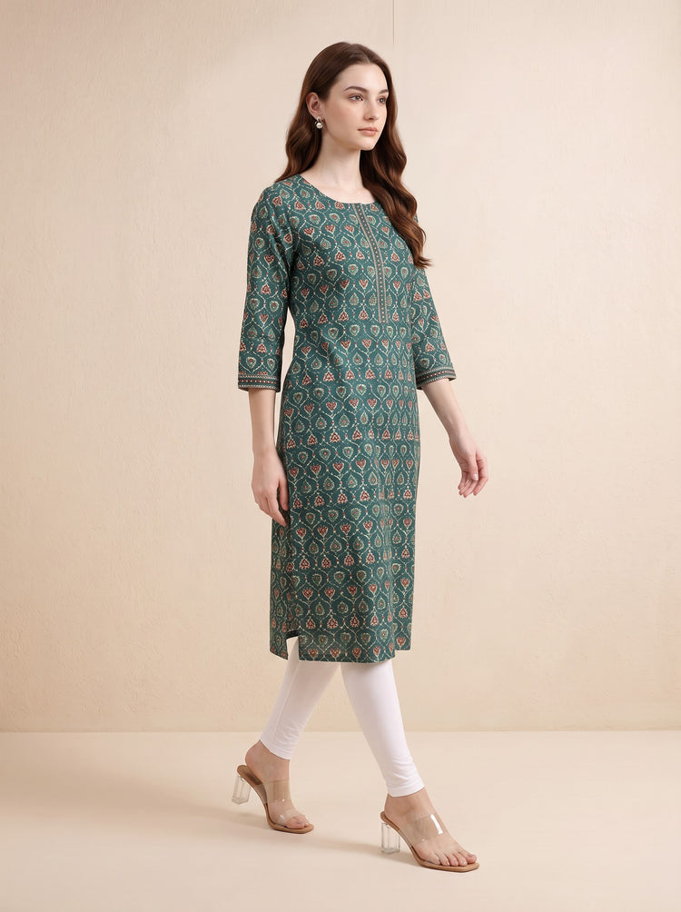 Bottle Green Jaipuri Block Print Straight Kurta