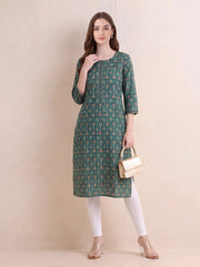 Bottle Green Jaipuri Block Print Straight Kurta