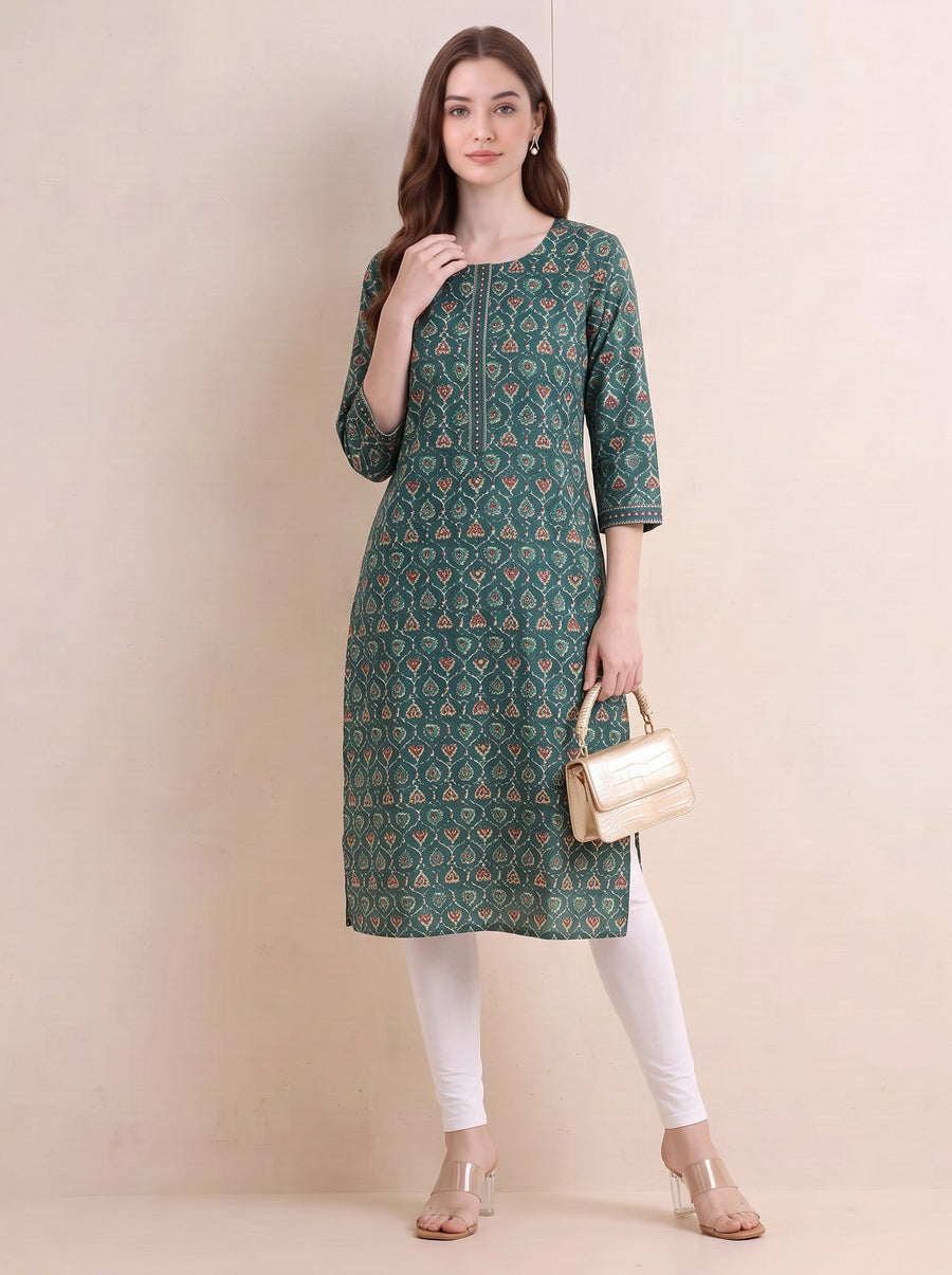 Bottle Green Jaipuri Block Print Straight Kurta