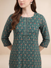 Bottle Green Jaipuri Block Print Straight Kurta