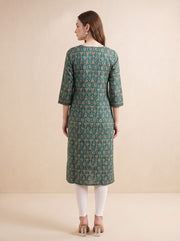 Bottle Green Jaipuri Block Print Straight Kurta