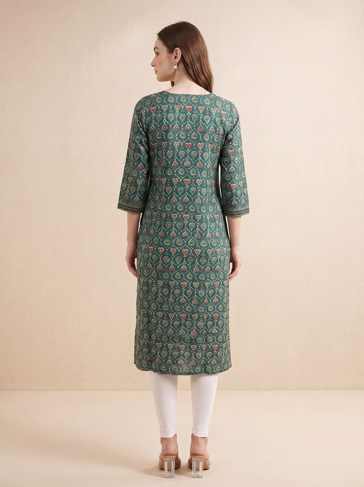 Bottle Green Jaipuri Block Print Straight Kurta