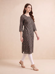 Brown Jaipuri Block Print Straight Kurta