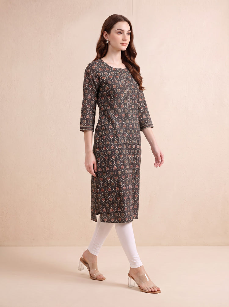 Brown Jaipuri Block Print Straight Kurta