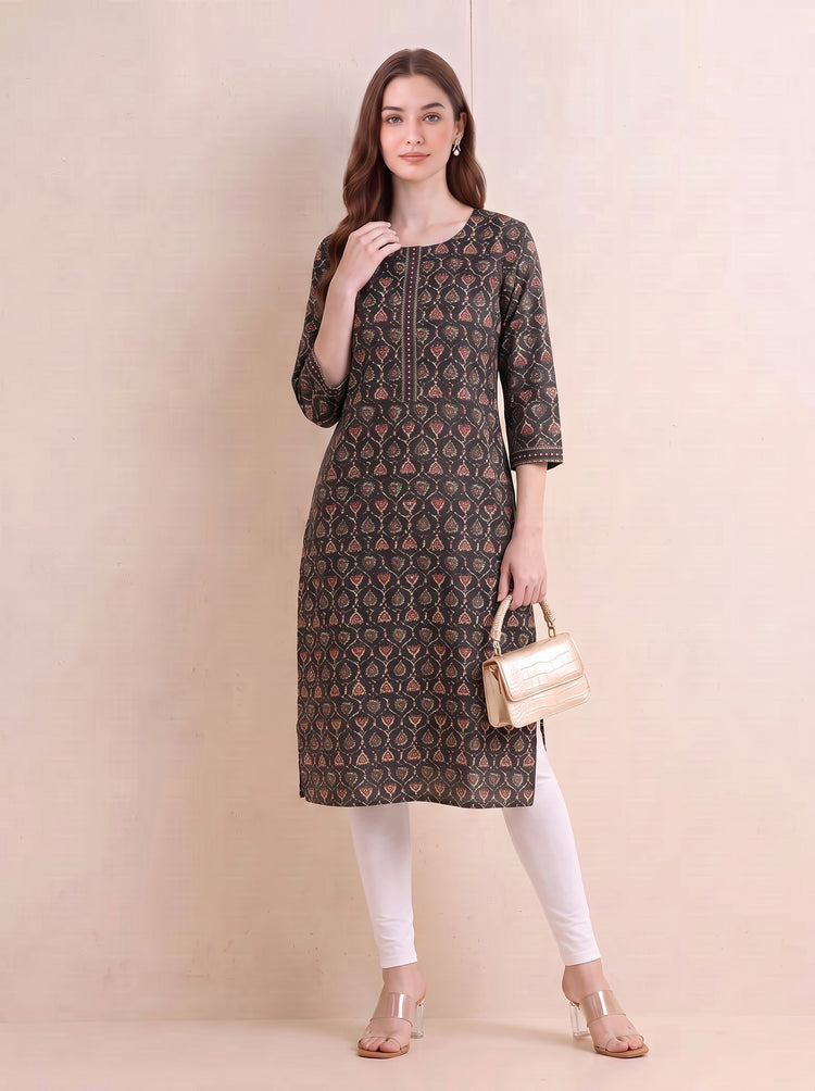Brown Jaipuri Block Print Straight Kurta