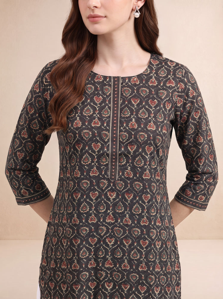 Brown Jaipuri Block Print Straight Kurta