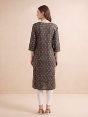 Brown Jaipuri Block Print Straight Kurta