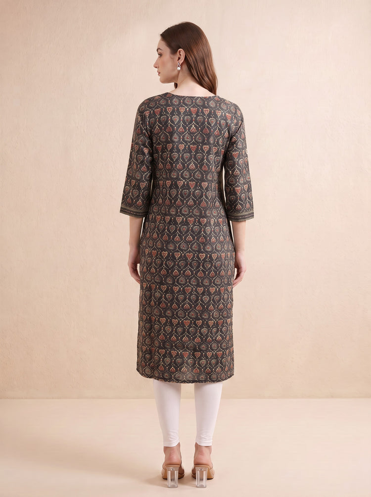Brown Jaipuri Block Print Straight Kurta