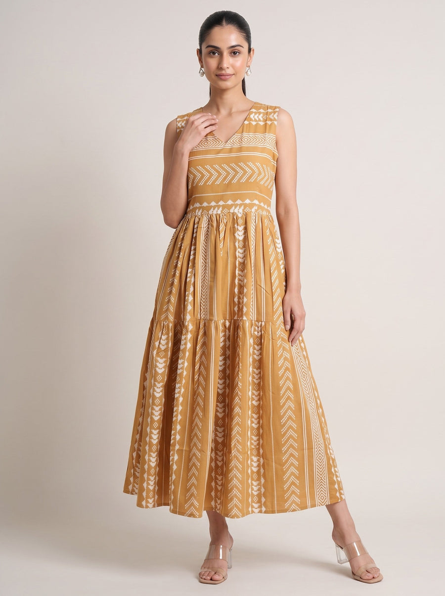Peach Pure Cotton Tribal Geometric Pattern Kurta