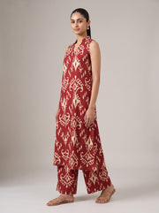 Red Ikat Print Pure Cotton Sleeveless Kurta with Palazzo Set
