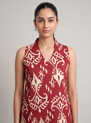 Red Ikat Print Pure Cotton Sleeveless Kurta with Palazzo Set
