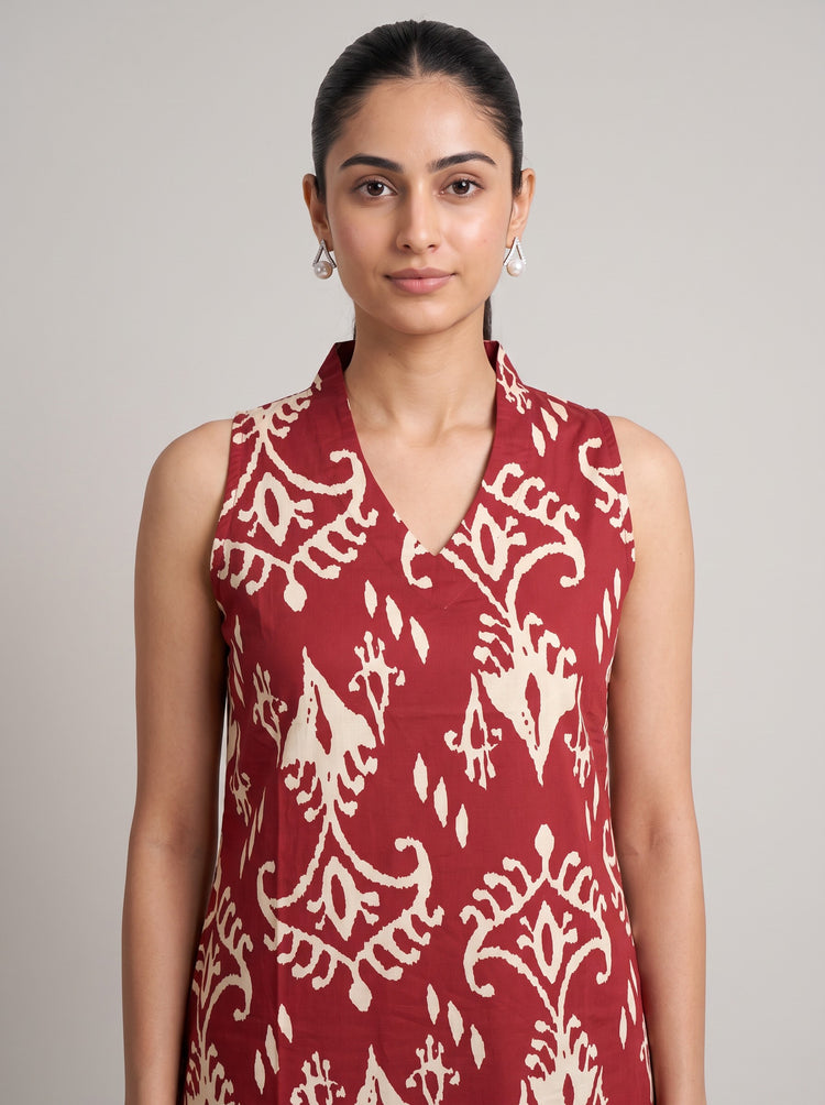 Red Ikat Print Pure Cotton Sleeveless Kurta with Palazzo Set