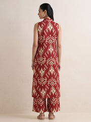 Red Ikat Print Pure Cotton Sleeveless Kurta with Palazzo Set
