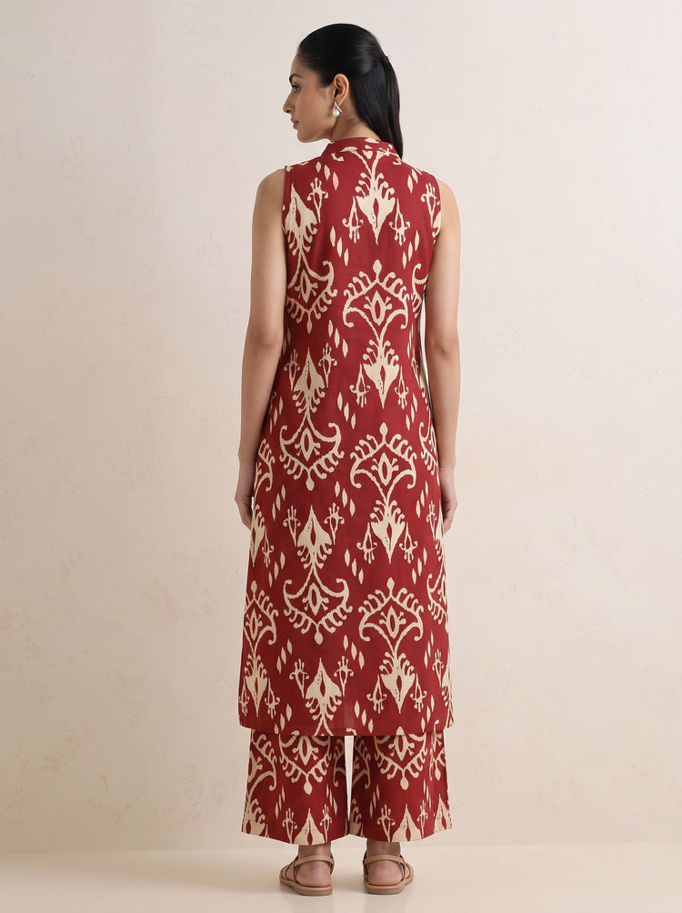 Red Ikat Print Pure Cotton Sleeveless Kurta with Palazzo Set