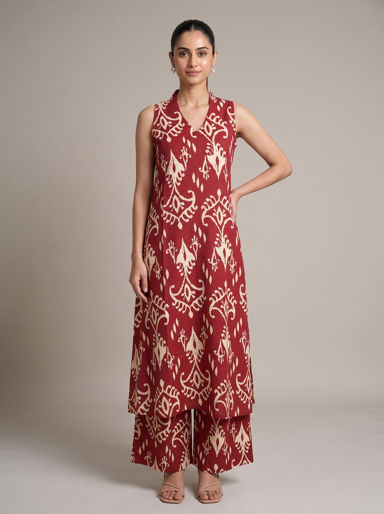 Red Ikat Print Pure Cotton Sleeveless Kurta with Palazzo Set