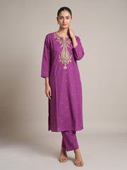 Purple Kashmiri Aari Embroidery Cotton Co-ord Set