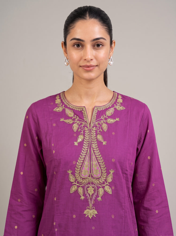 Purple Kashmiri Aari Embroidery Cotton Co-ord Set