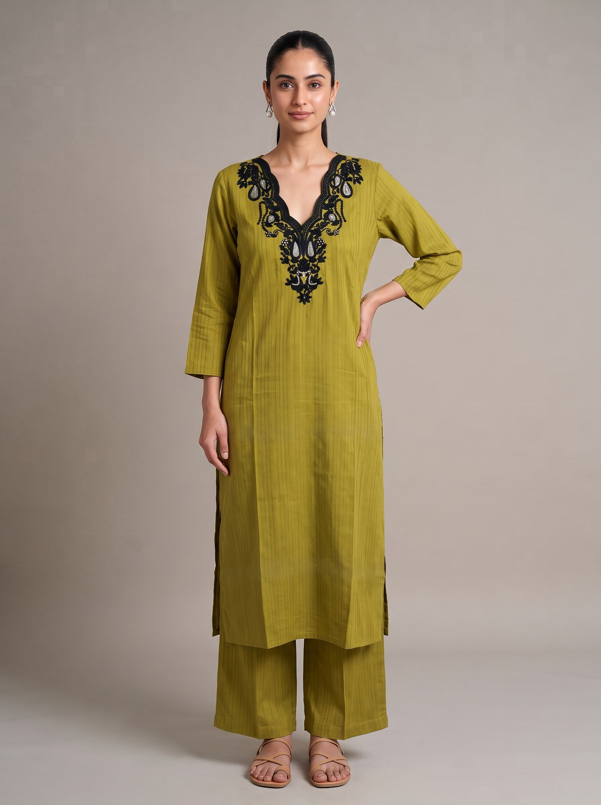 Olive Green Kashmiri Aari Embroidery Solid Co-ord