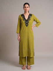 Olive Green Kashmiri Aari Embroidery Solid Co-ord
