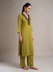 Olive Green Kashmiri Aari Embroidery Solid Co-ord