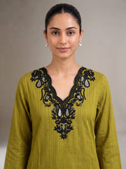 Olive Green Kashmiri Aari Embroidery Solid Co-ord