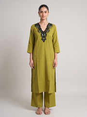 Olive Green Kashmiri Aari Embroidery Solid Co-ord