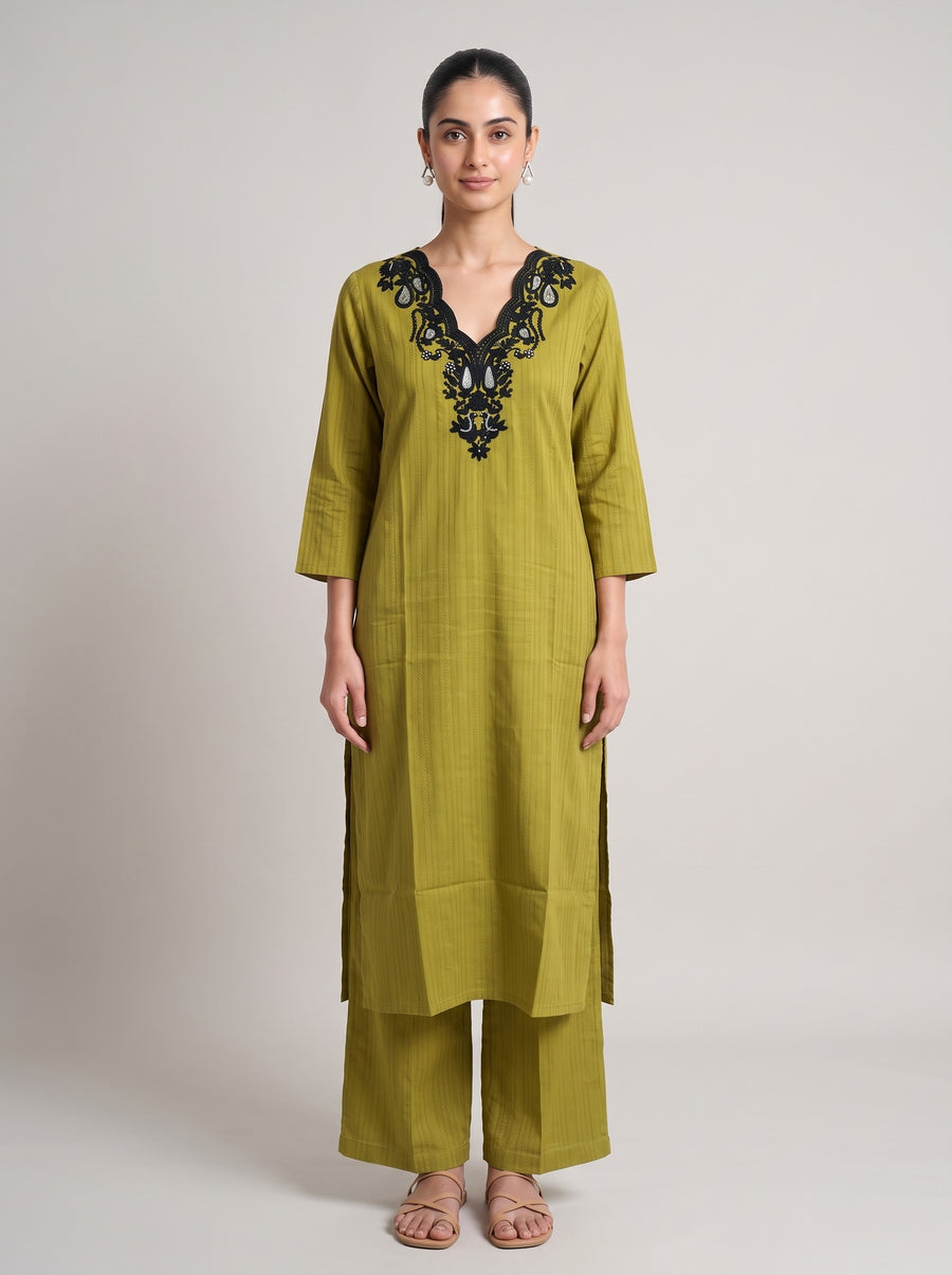 Olive Green Kashmiri Aari Embroidery Solid Co-ord