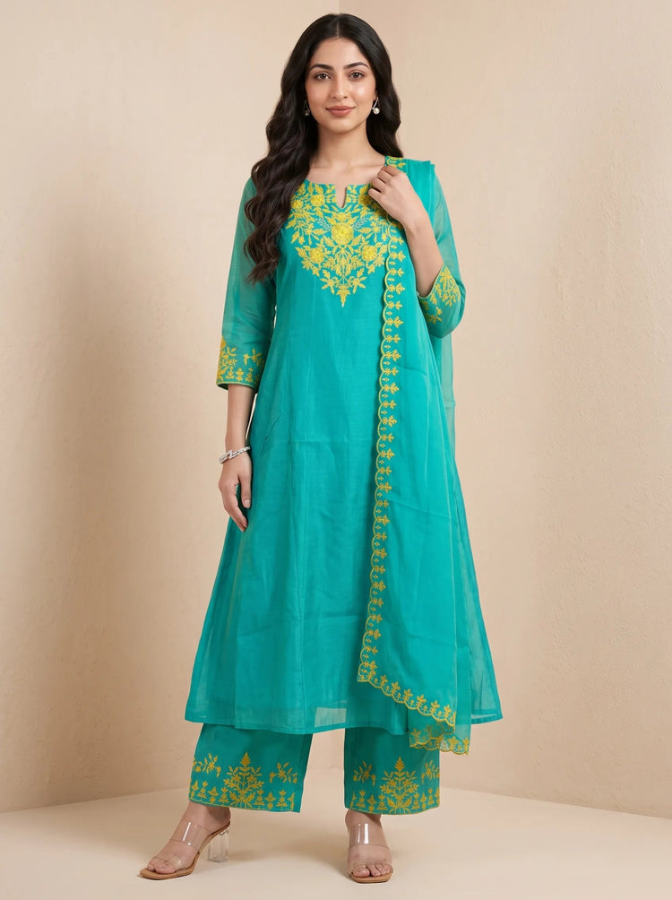 Turquoise Chanderi Embroidered A-Line Ethnic Suit Set