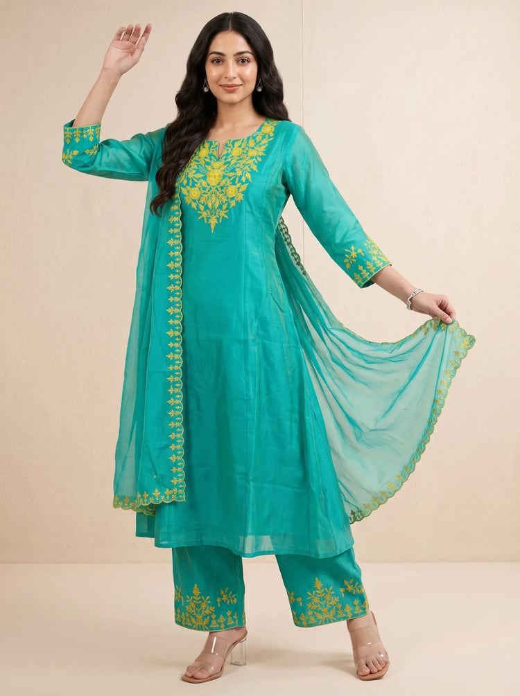 Turquoise Chanderi Embroidered A-Line Ethnic Suit Set