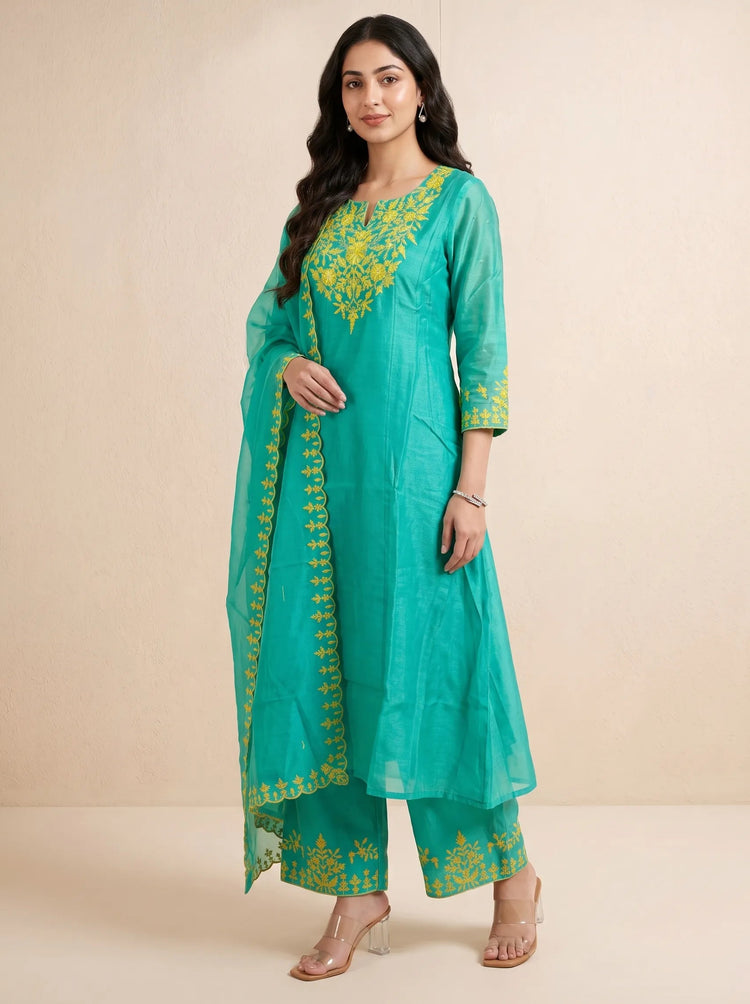 Turquoise Chanderi Embroidered A-Line Ethnic Suit Set