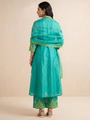 Turquoise Chanderi Embroidered A-Line Ethnic Suit Set