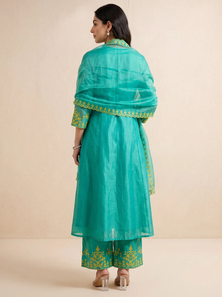 Turquoise Chanderi Embroidered A-Line Ethnic Suit Set