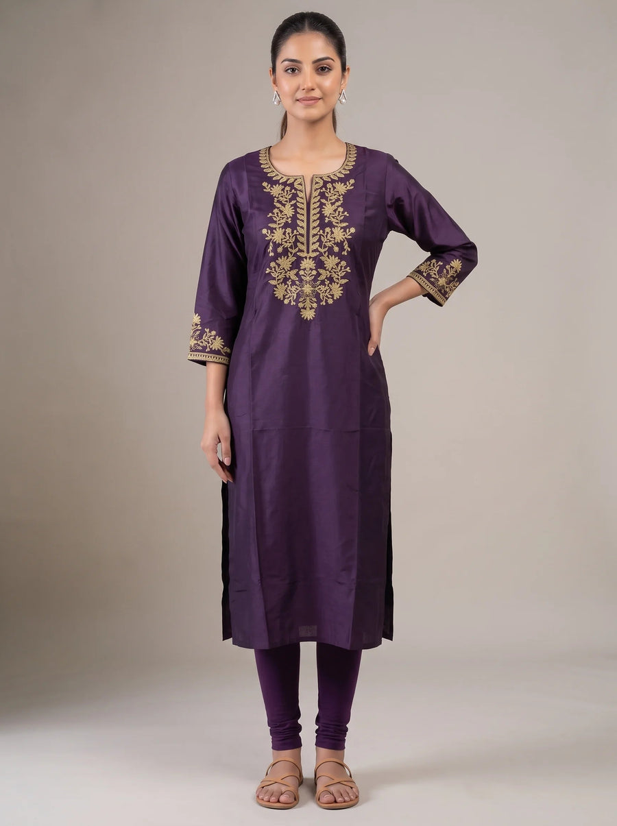 Purple Yoke Embroidered Straight Kurta