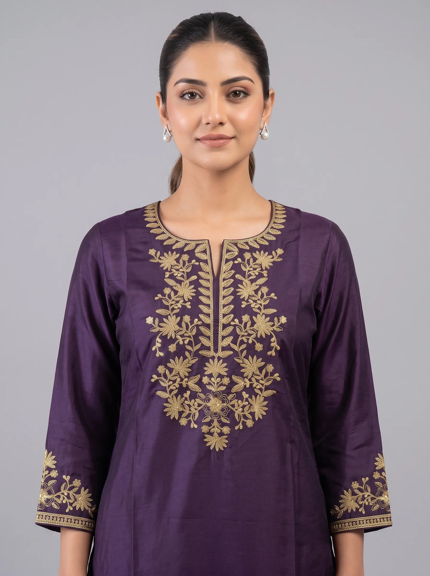 Purple Yoke Embroidered Straight Kurta