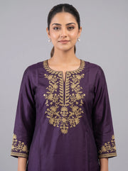 Purple Yoke Embroidered Straight Kurta