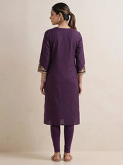 Purple Yoke Embroidered Straight Kurta