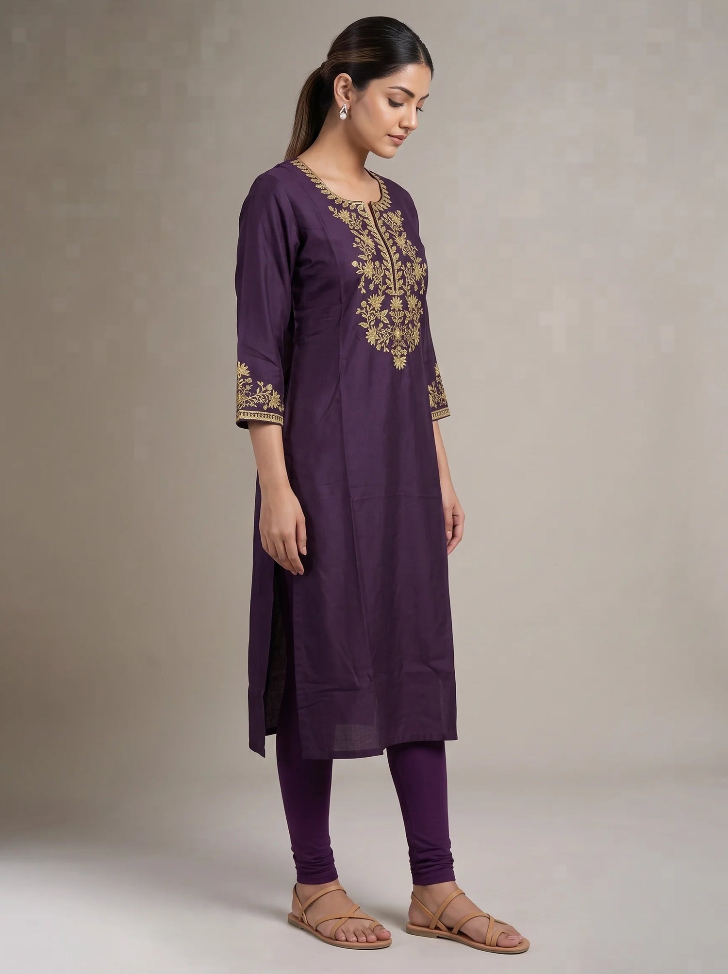 Purple Yoke Embroidered Straight Kurta