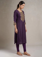 Purple Yoke Embroidered Straight Kurta