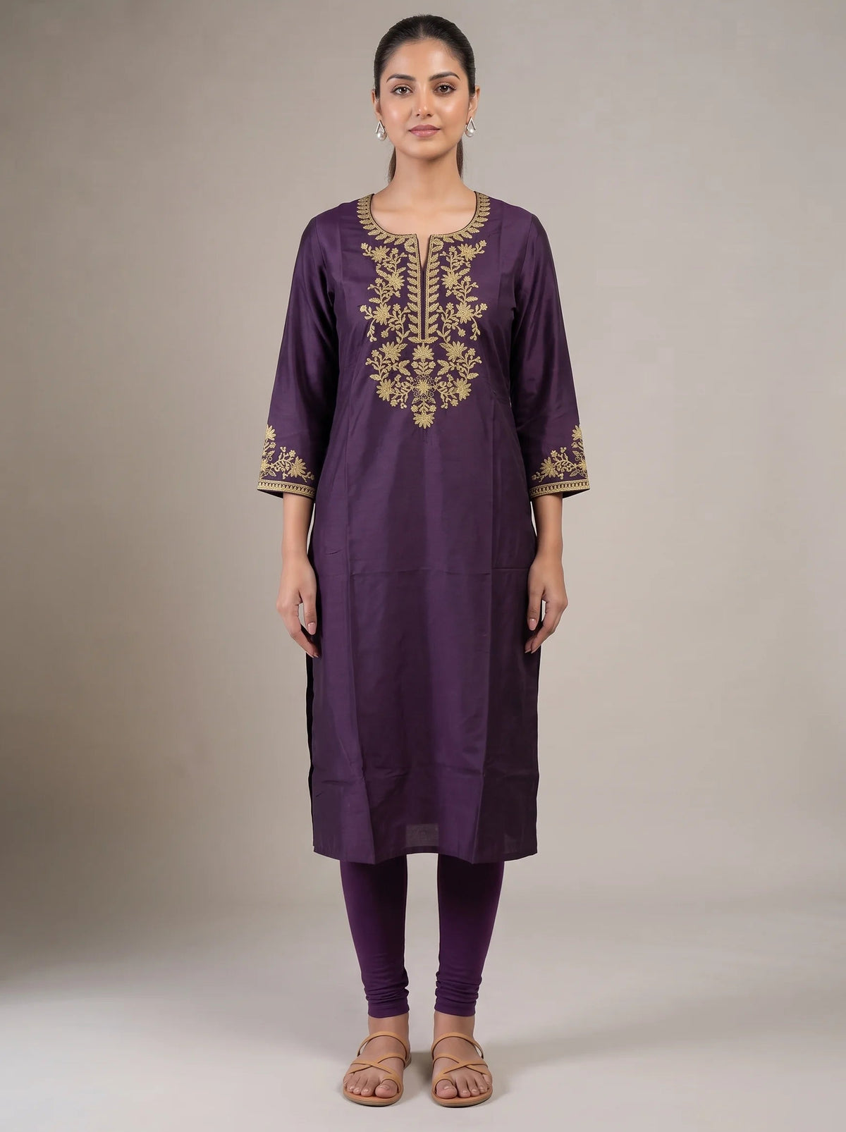 Purple Yoke Embroidered Straight Kurta
