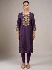 Purple Yoke Embroidered Straight Kurta