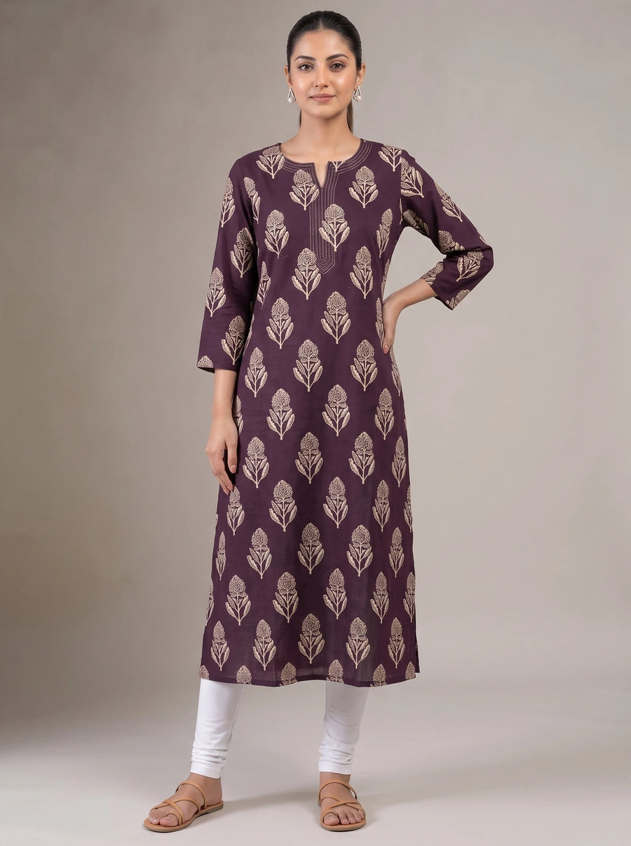 Purple Cotton Flex Solid Straight Kurta Set