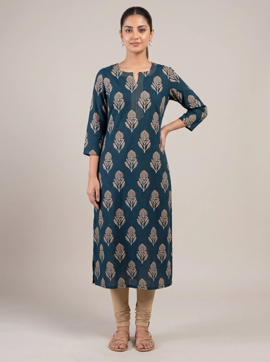 Indigo Blue Cotton Solid Straight Kurta