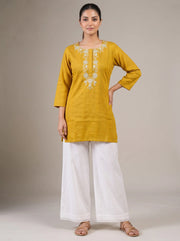 Mustard Cotton Embroidered Straight Short Kurti