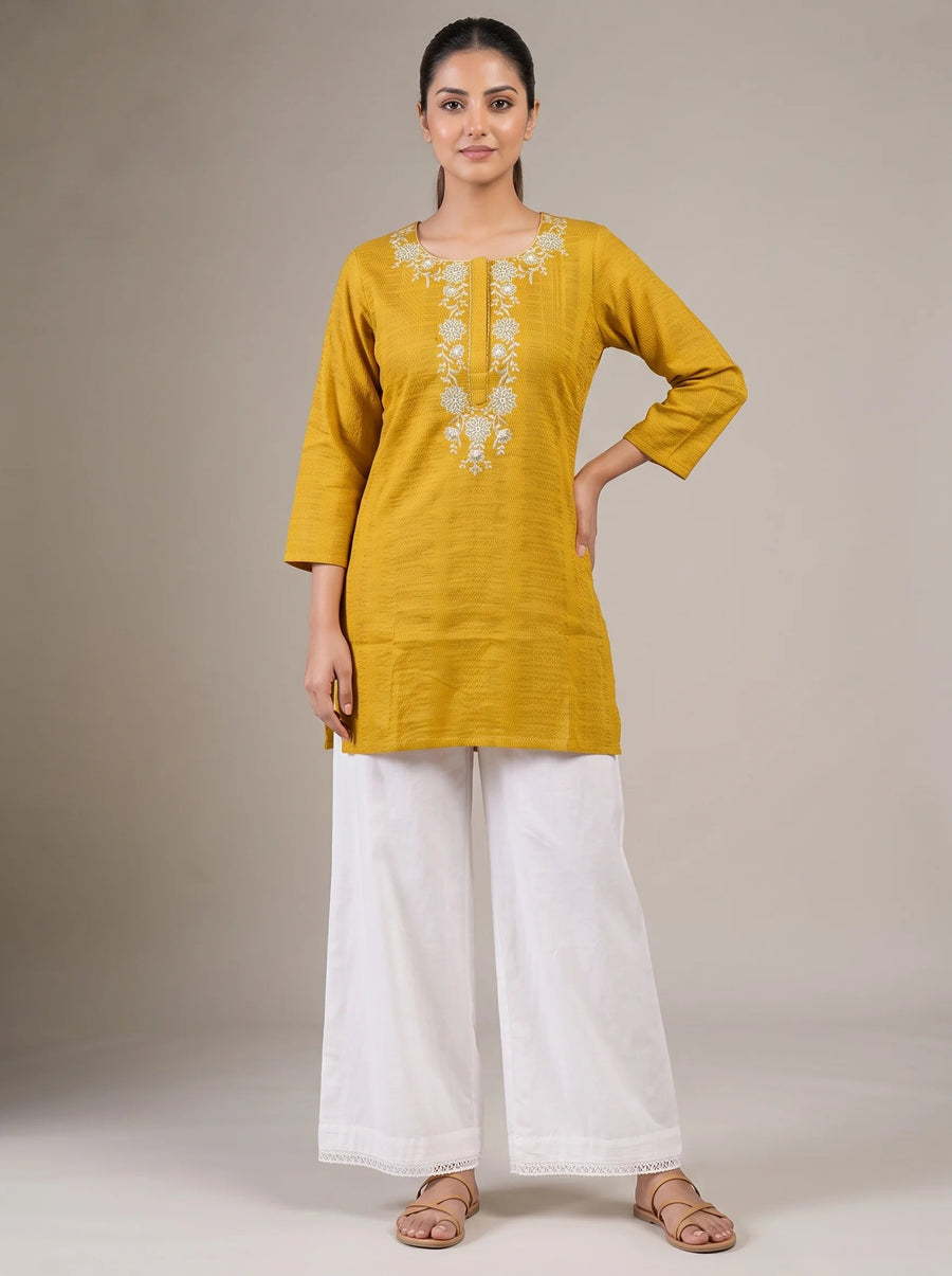 Mustard Cotton Embroidered Straight Short Kurti