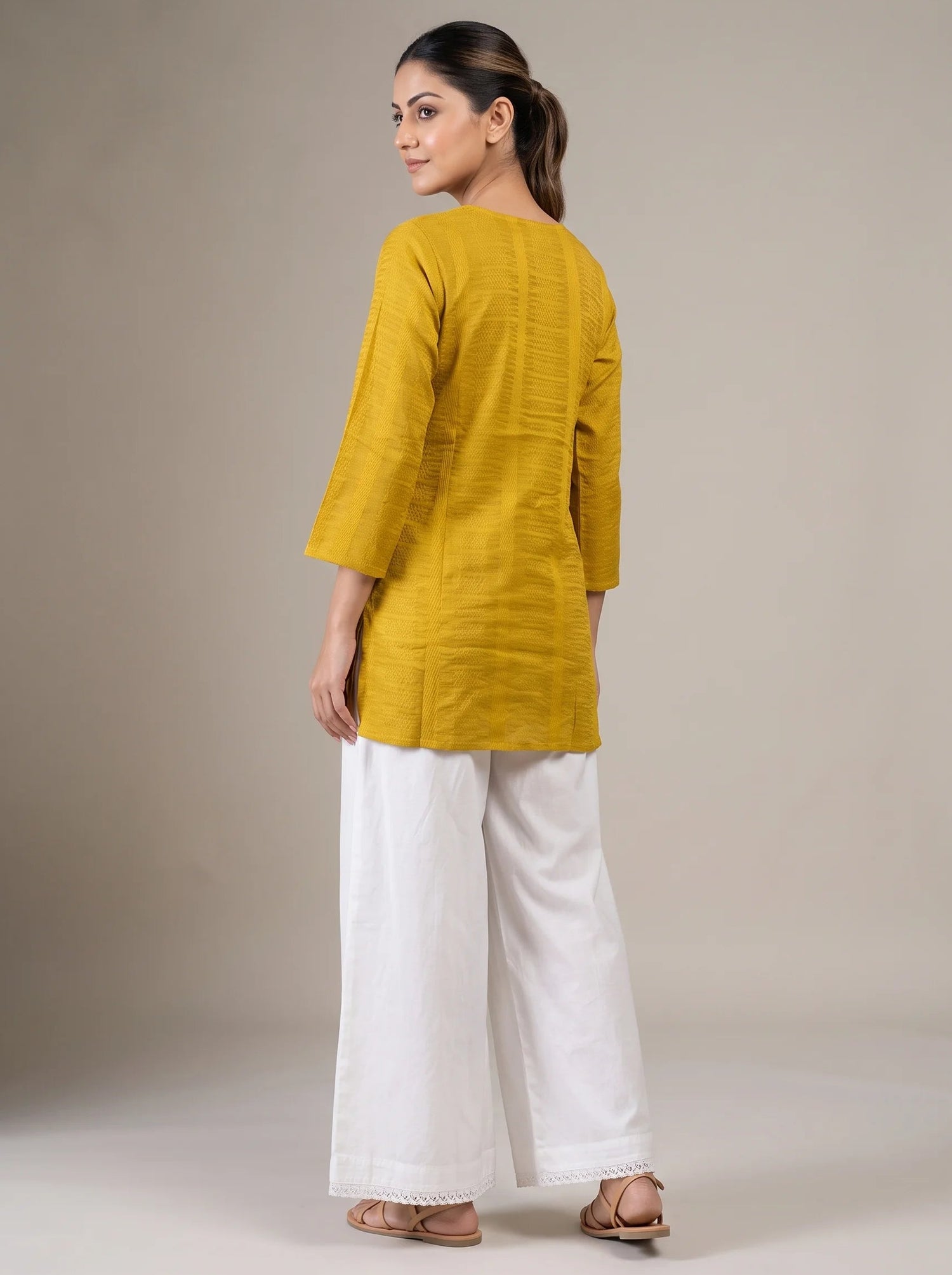 Mustard Cotton Embroidered Straight Short Kurti
