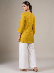 Mustard Cotton Embroidered Straight Short Kurti