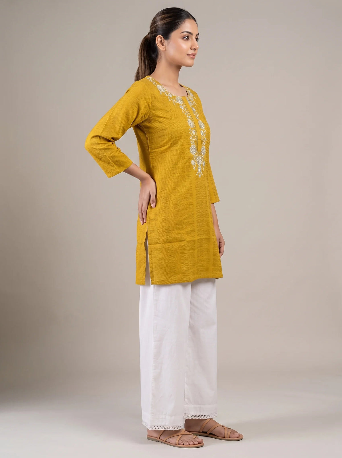 Mustard Cotton Embroidered Straight Short Kurti