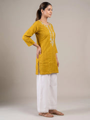 Mustard Cotton Embroidered Straight Short Kurti